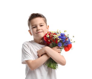 Photo of Cute little boy with bouquet of beautiful flowers on white background