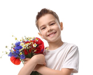 Photo of Smiling little boy with bouquet of beautiful flowers on white background