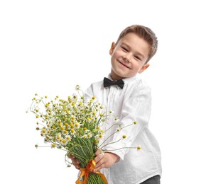 Photo of Cute little boy giving bouquet of beautiful chamomile flowers on white background