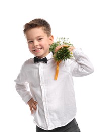 Photo of Smiling little boy with bouquet of beautiful chamomile flowers on white background