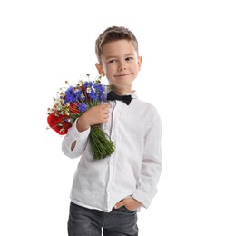 Photo of Cute little boy with bouquet of beautiful flowers on white background