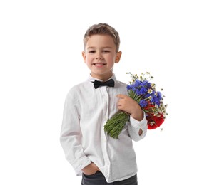 Photo of Smiling little boy with bouquet of beautiful flowers on white background
