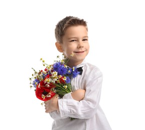 Photo of Smiling little boy with bouquet of beautiful flowers on white background