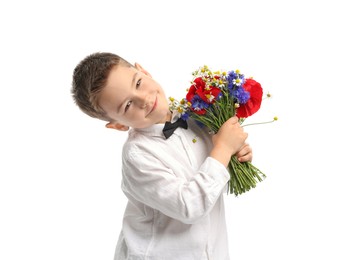 Photo of Cute little boy with bouquet of beautiful flowers on white background