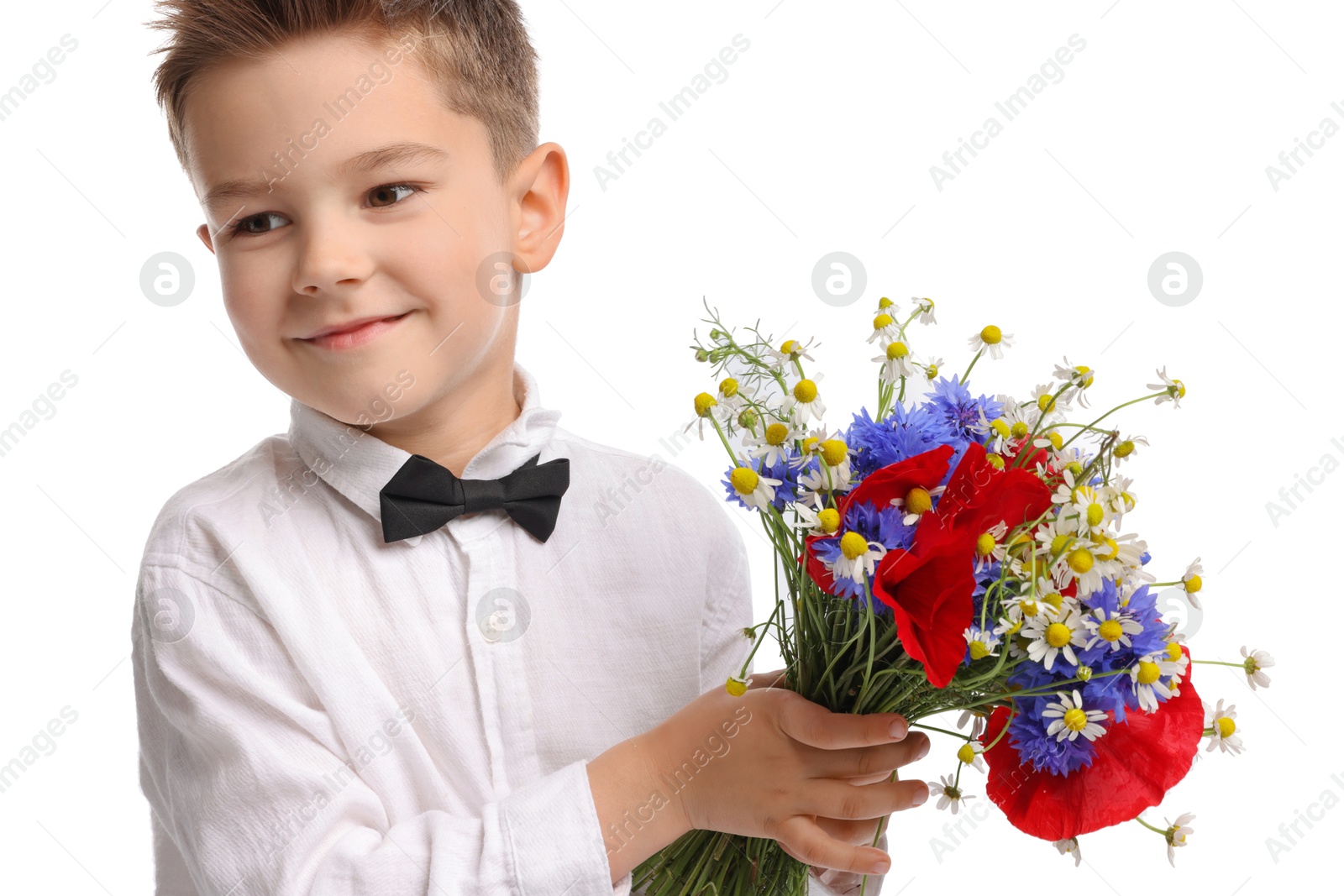 Cute little boy with bouquet of beautiful flowers on white background Photo of Cute little boy with bouquet of beautiful flowers on white background