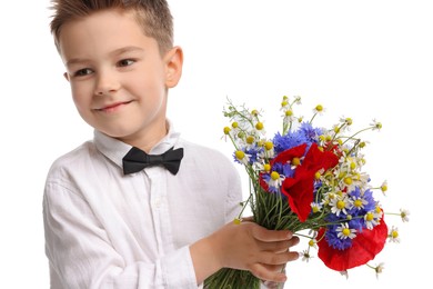Photo of Cute little boy with bouquet of beautiful flowers on white background
