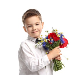 Photo of Cute little boy with bouquet of beautiful flowers on white background