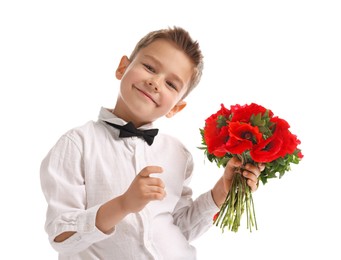 Photo of Cute little boy with bouquet of beautiful flowers on white background