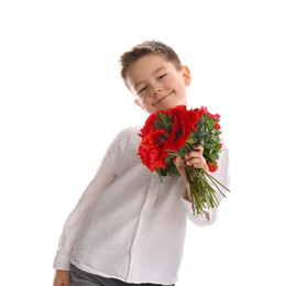 Photo of Cute little boy giving bouquet of beautiful flowers on white background
