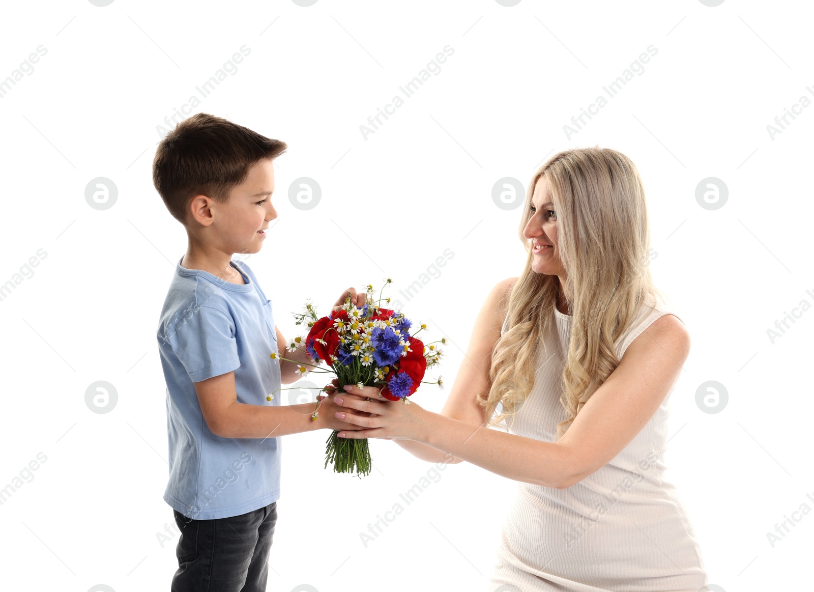 Little boy presenting bouquet of beautiful flowers to his smiling mother on white background Photo of Little boy presenting bouquet of beautiful flowers to his smiling mother on white background