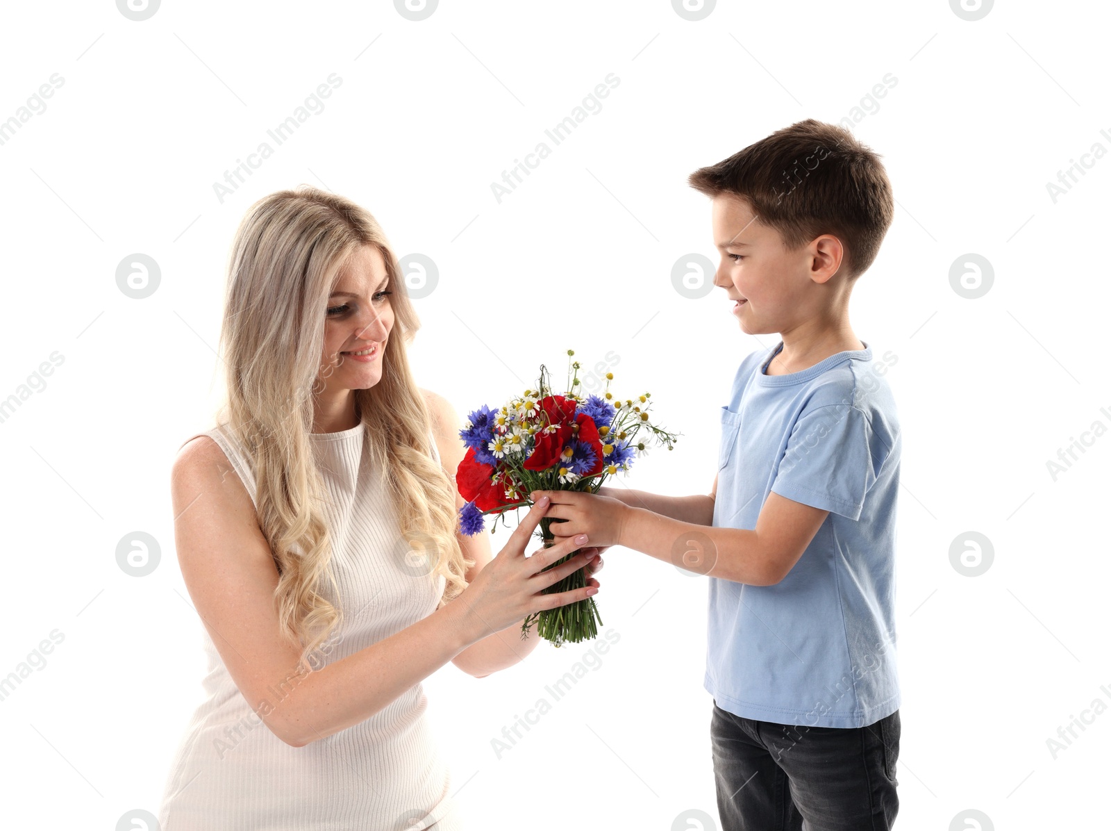 Little boy presenting bouquet of beautiful flowers to his smiling mother on white background Photo of Little boy presenting bouquet of beautiful flowers to his smiling mother on white background
