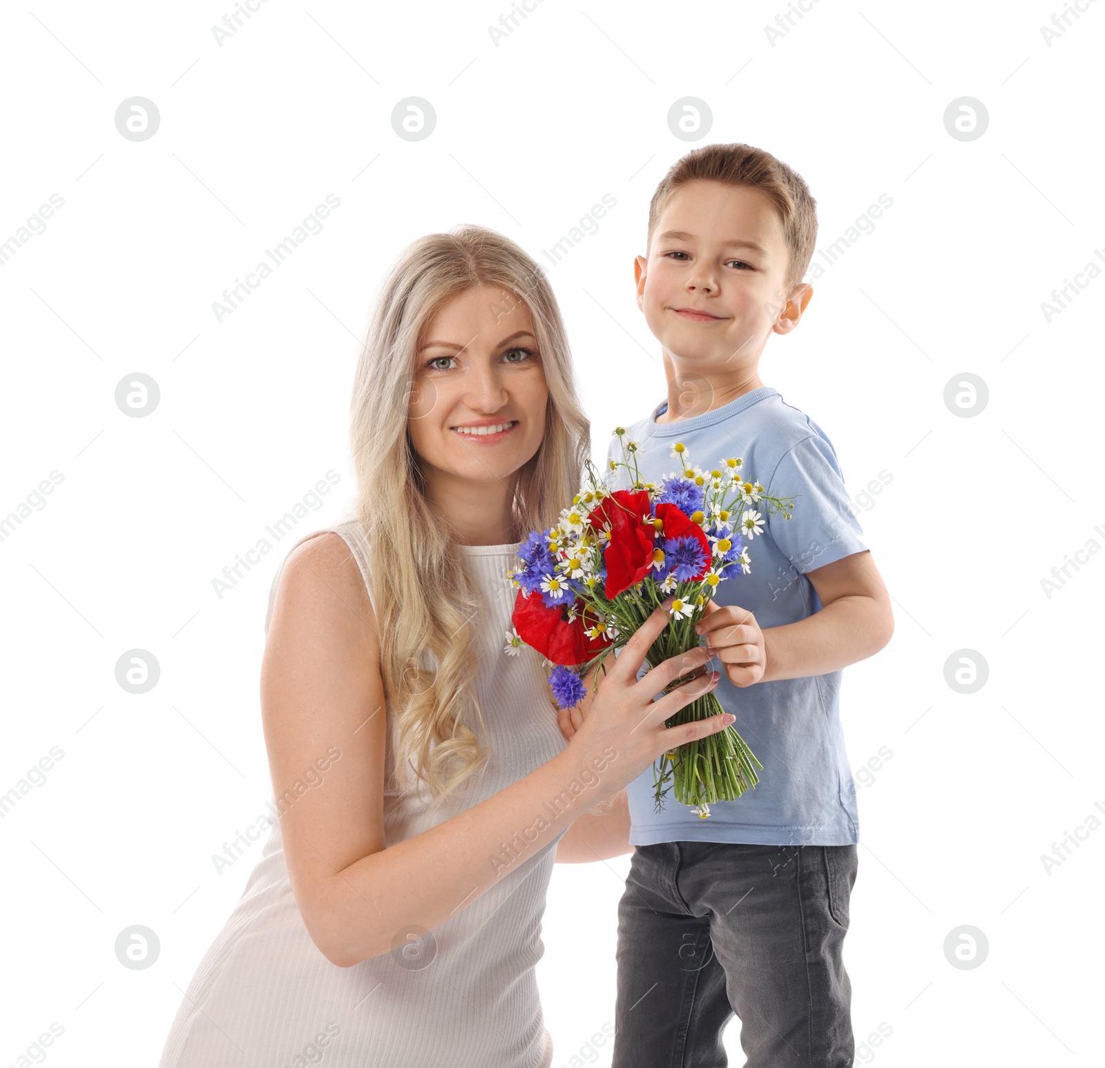 Little boy presenting bouquet of beautiful flowers to his smiling mother on white background Photo of Little boy presenting bouquet of beautiful flowers to his smiling mother on white background