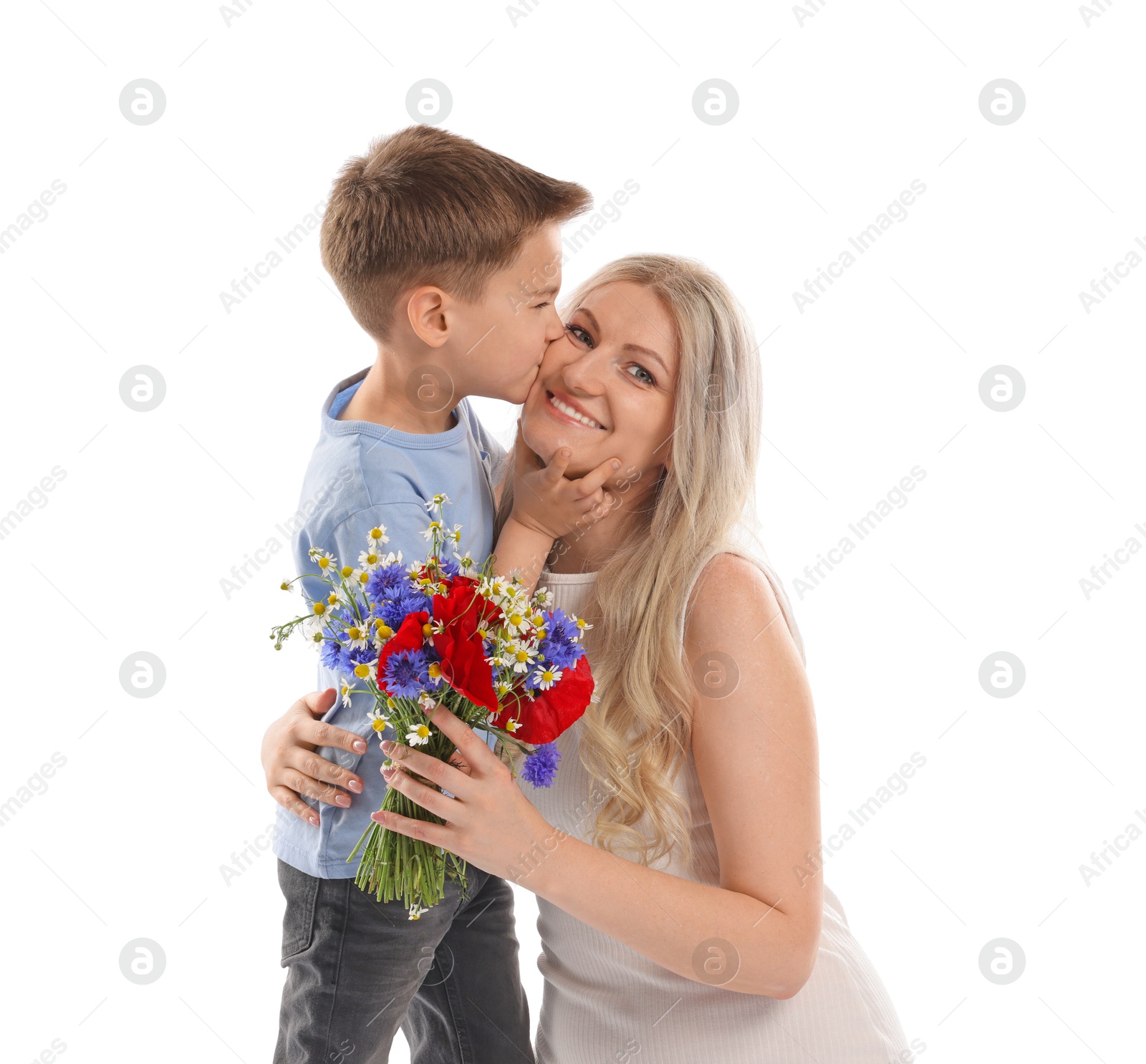Little boy kissing his smiling mother with bouquet of beautiful flowers on white background Photo of Little boy kissing his smiling mother with bouquet of beautiful flowers on white background