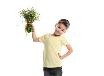Photo of Cute little boy with bouquet of beautiful chamomile flowers on white background