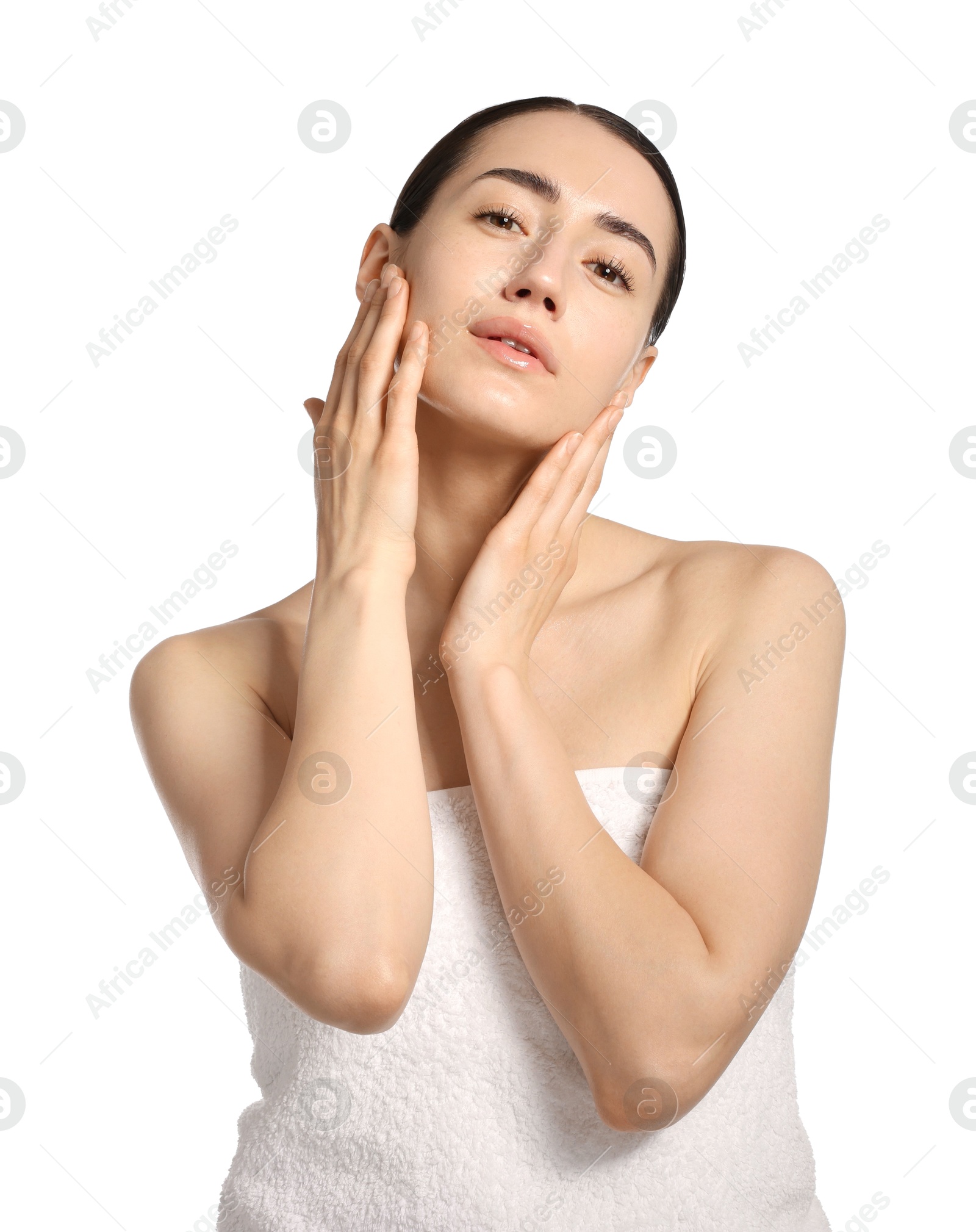 Portrait of beautiful woman after spa treatment on white background Photo of Portrait of beautiful woman after spa treatment on white background