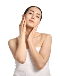 Photo of Portrait of beautiful woman after spa treatment on white background