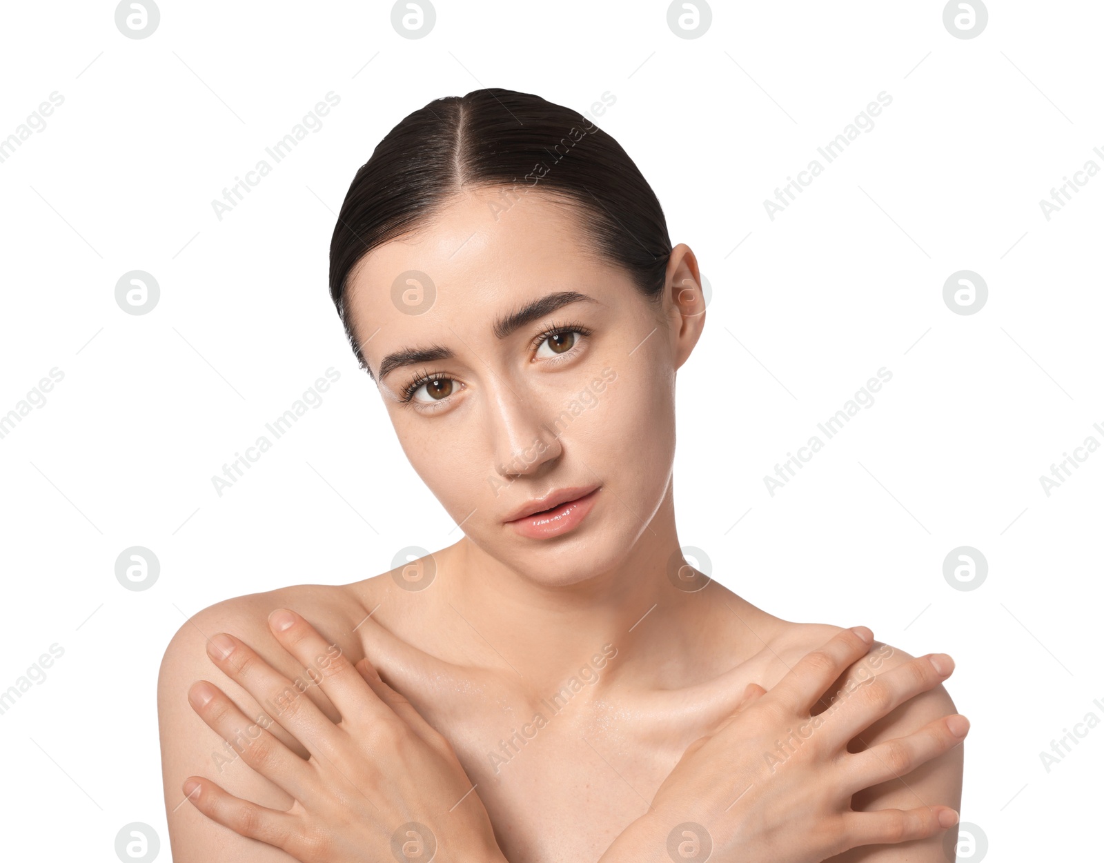 Portrait of beautiful woman after spa treatment on white background, closeup Photo of Portrait of beautiful woman after spa treatment on white background, closeup