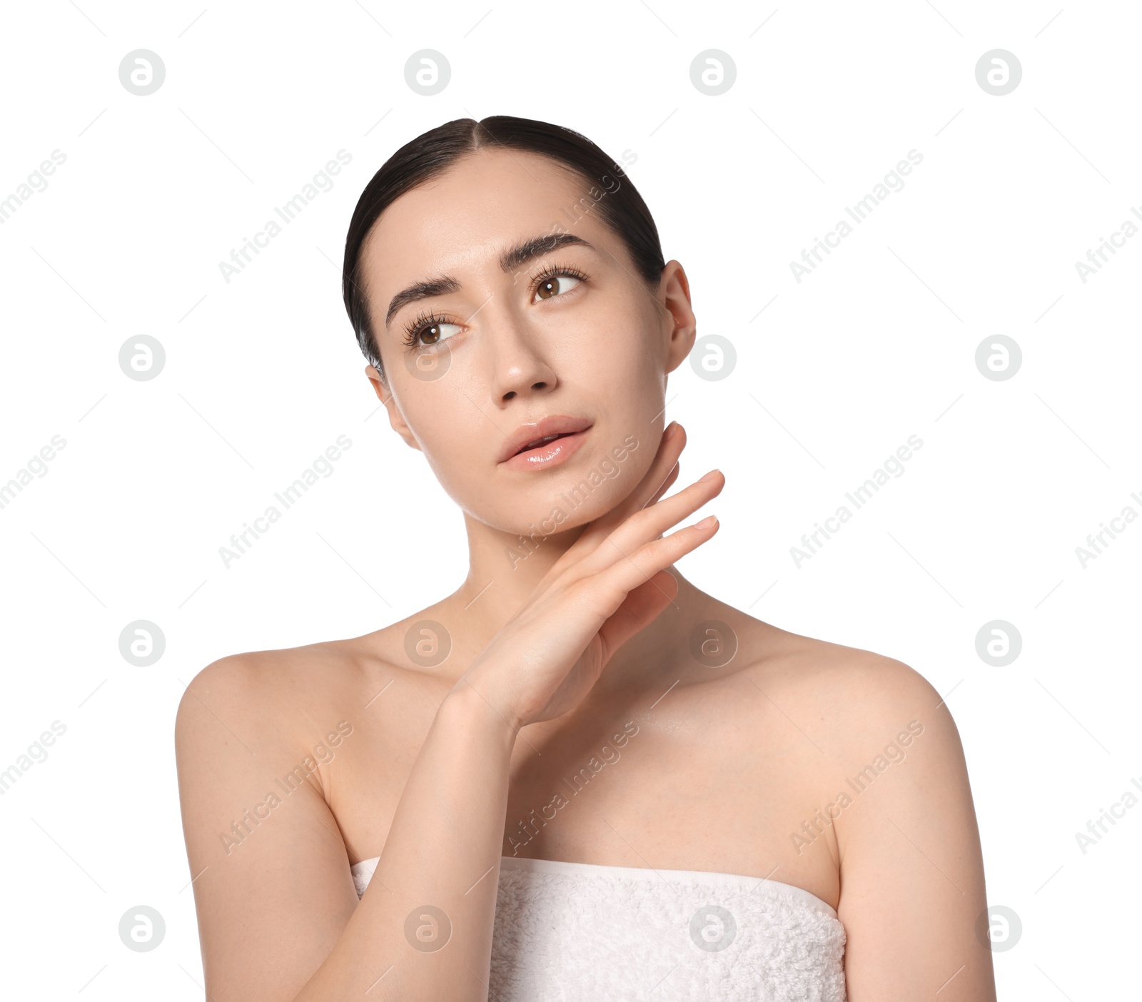 Beautiful woman after spa treatment on white background Photo of Beautiful woman after spa treatment on white background