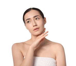 Photo of Beautiful woman after spa treatment on white background
