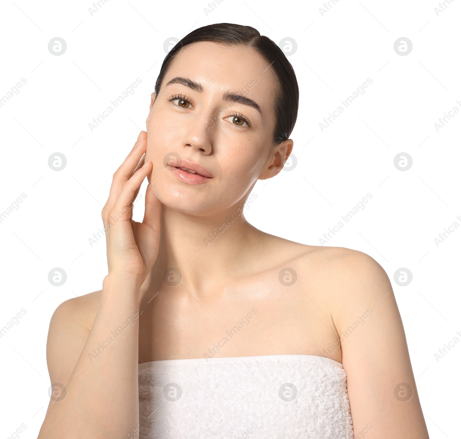 Portrait of beautiful woman after spa treatment on white background Photo of Portrait of beautiful woman after spa treatment on white background