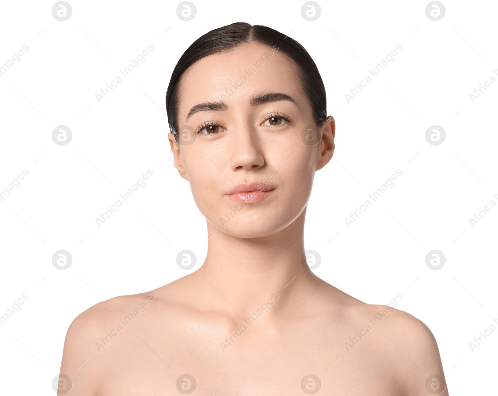 Portrait of beautiful woman after spa treatment on white background, closeup Photo of Portrait of beautiful woman after spa treatment on white background, closeup