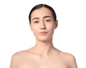 Photo of Portrait of beautiful woman after spa treatment on white background, closeup