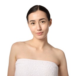 Photo of Portrait of beautiful woman after spa treatment on white background