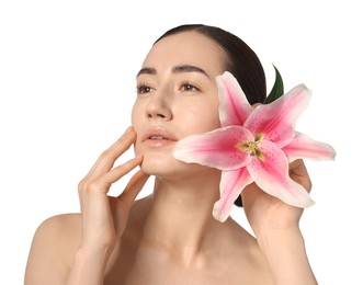 Photo of Beautiful woman with lily flower after spa treatment on white background, closeup