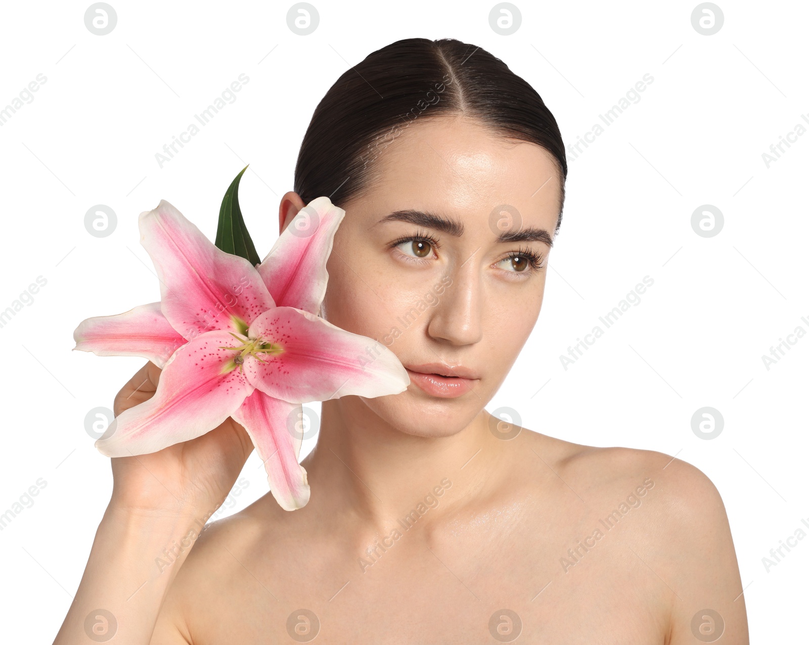 Beautiful woman with lily flower after spa treatment on white background, closeup Photo of Beautiful woman with lily flower after spa treatment on white background, closeup
