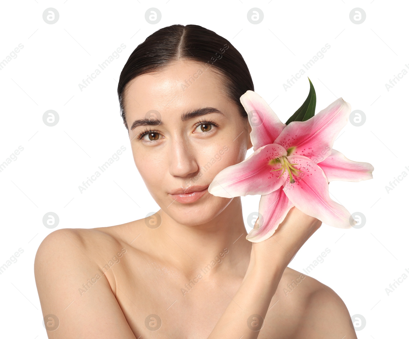 Portrait of beautiful woman with lily flower after spa treatment on white background, closeup Photo of Portrait of beautiful woman with lily flower after spa treatment on white background, closeup