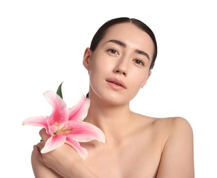 Photo of Portrait of beautiful woman with lily flower after spa treatment on white background, closeup