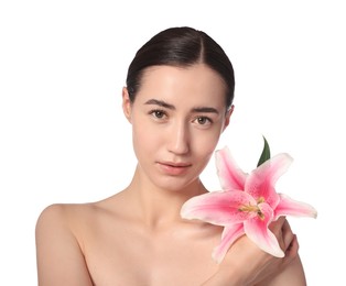 Photo of Portrait of beautiful woman with lily flower after spa treatment on white background, closeup