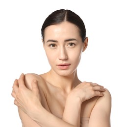Photo of Portrait of beautiful woman after spa treatment on white background