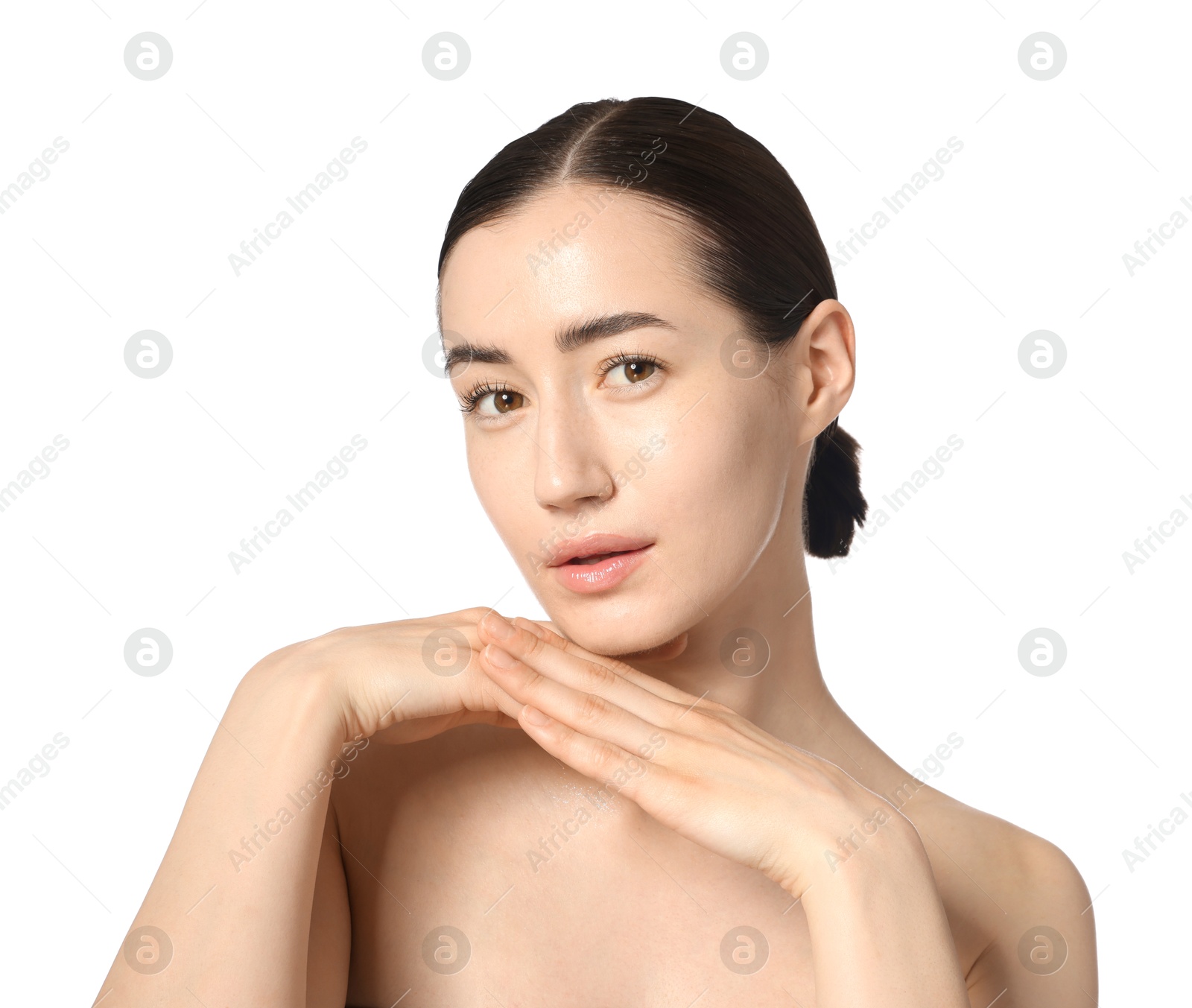 Portrait of beautiful woman after spa treatment on white background, closeup Photo of Portrait of beautiful woman after spa treatment on white background, closeup