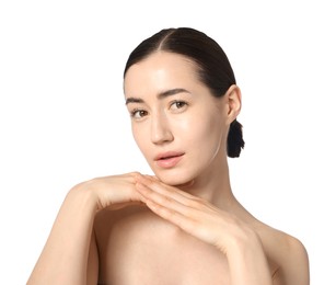Photo of Portrait of beautiful woman after spa treatment on white background, closeup