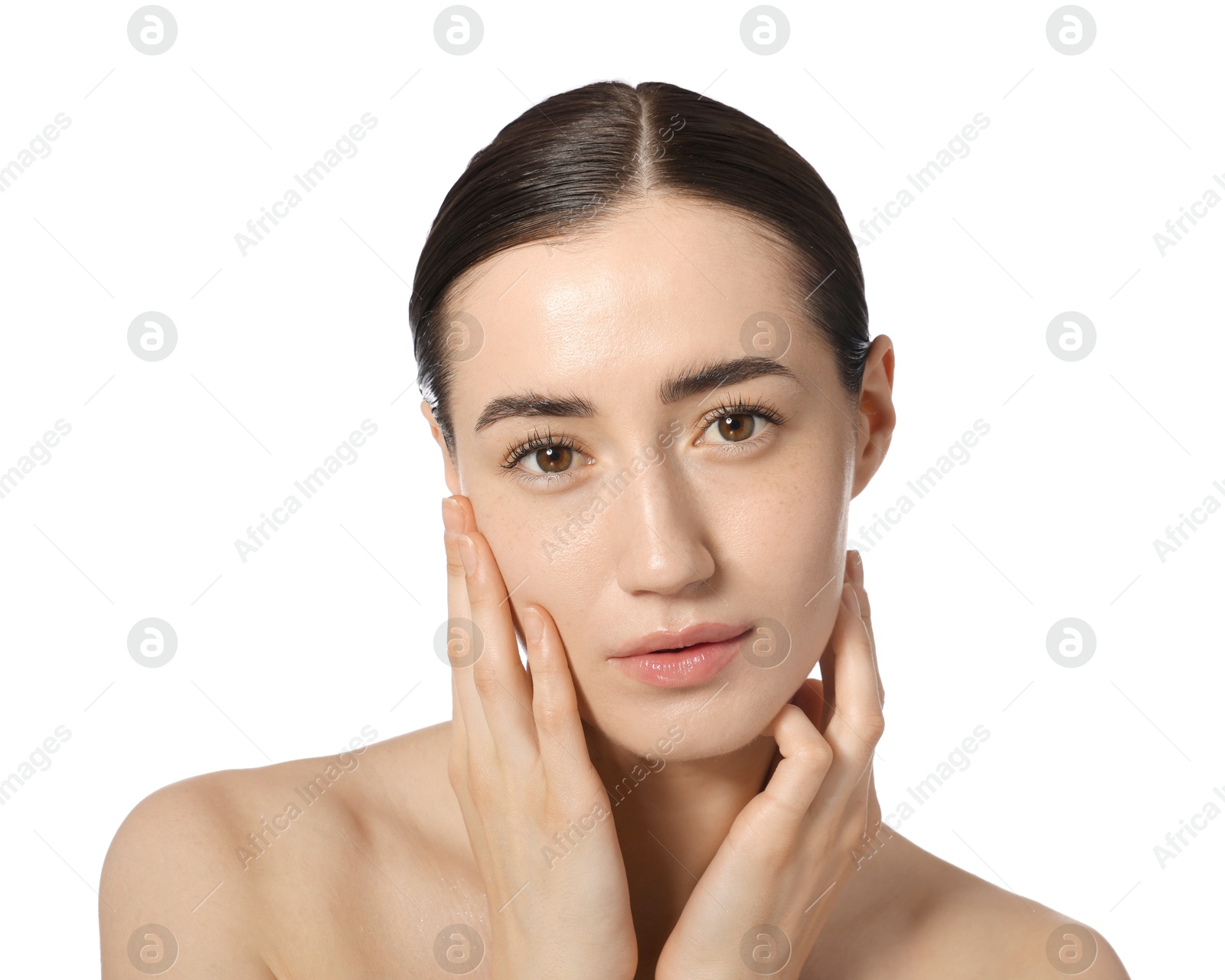 Portrait of beautiful woman after spa treatment on white background, closeup Photo of Portrait of beautiful woman after spa treatment on white background, closeup