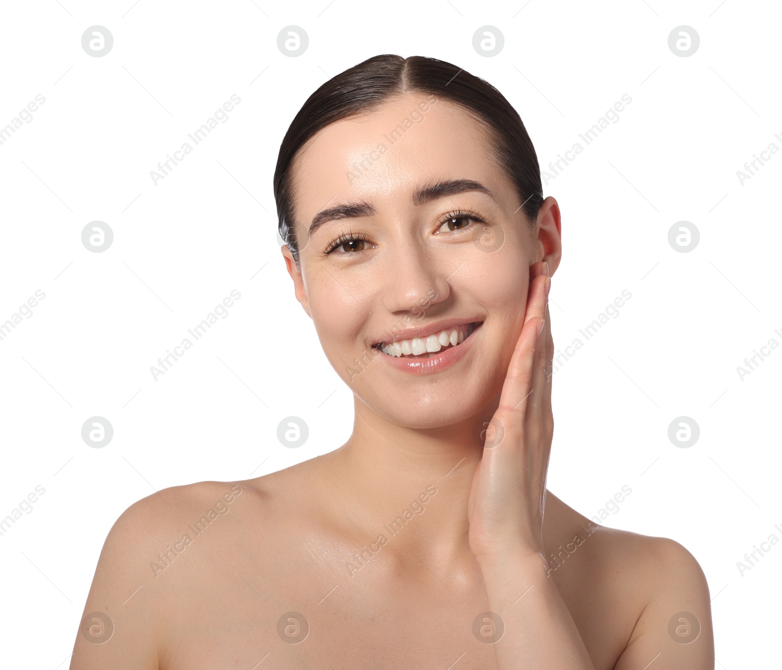Portrait of smiling woman after spa treatment on white background Photo of Portrait of smiling woman after spa treatment on white background