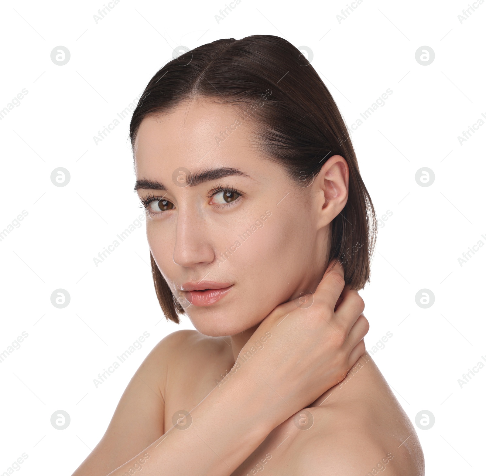 Portrait of beautiful woman after spa treatment on white background, closeup Photo of Portrait of beautiful woman after spa treatment on white background, closeup