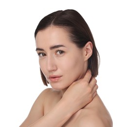 Photo of Portrait of beautiful woman after spa treatment on white background, closeup