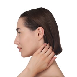 Photo of Beautiful woman after spa treatment on white background, closeup