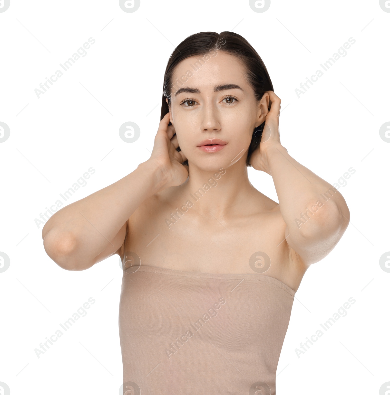 Portrait of beautiful woman after spa treatment on white background Photo of Portrait of beautiful woman after spa treatment on white background