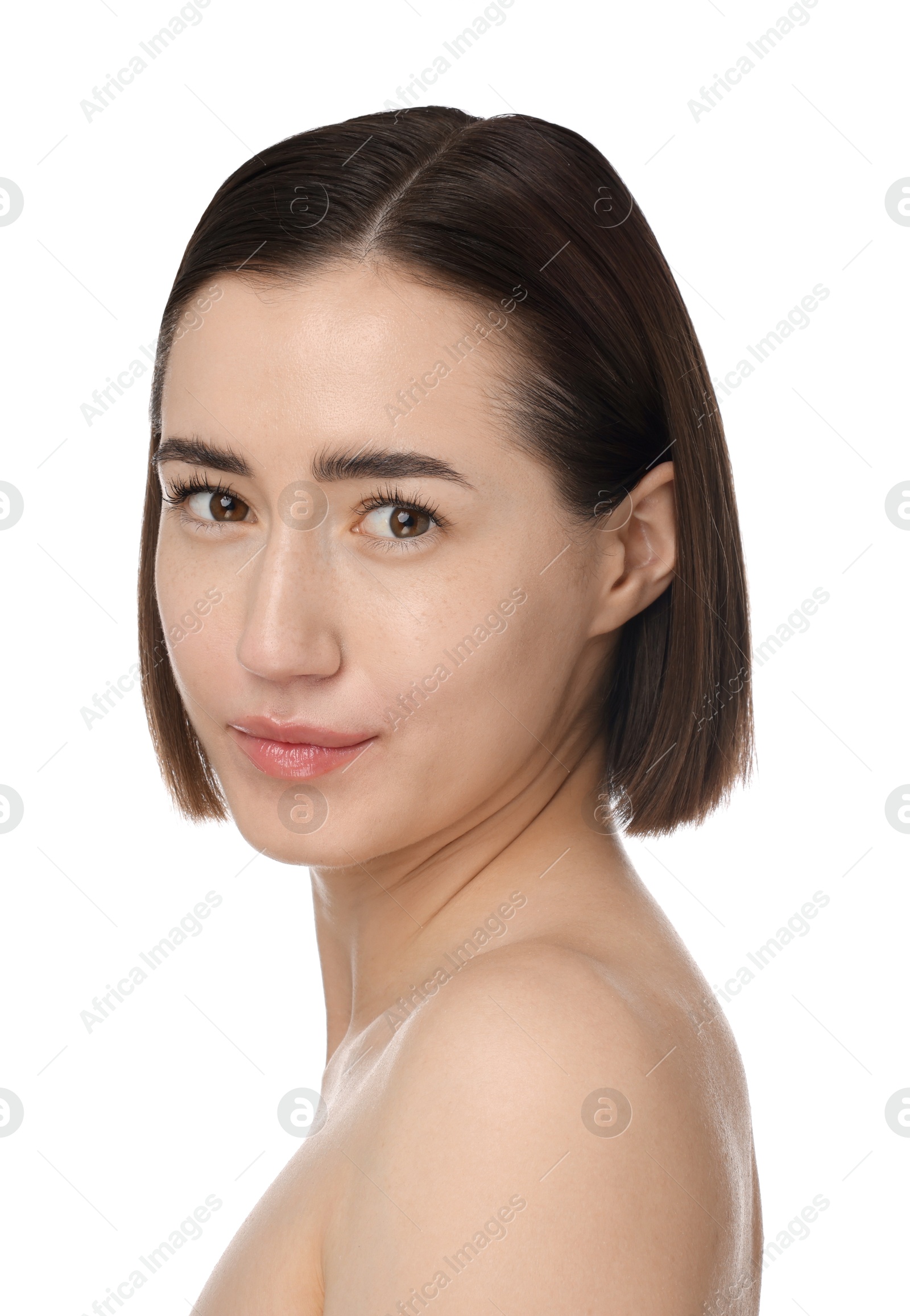 Portrait of beautiful woman after spa treatment on white background, closeup Photo of Portrait of beautiful woman after spa treatment on white background, closeup
