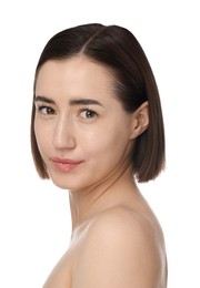 Photo of Portrait of beautiful woman after spa treatment on white background, closeup