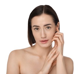 Photo of Portrait of beautiful woman after spa treatment on white background, closeup