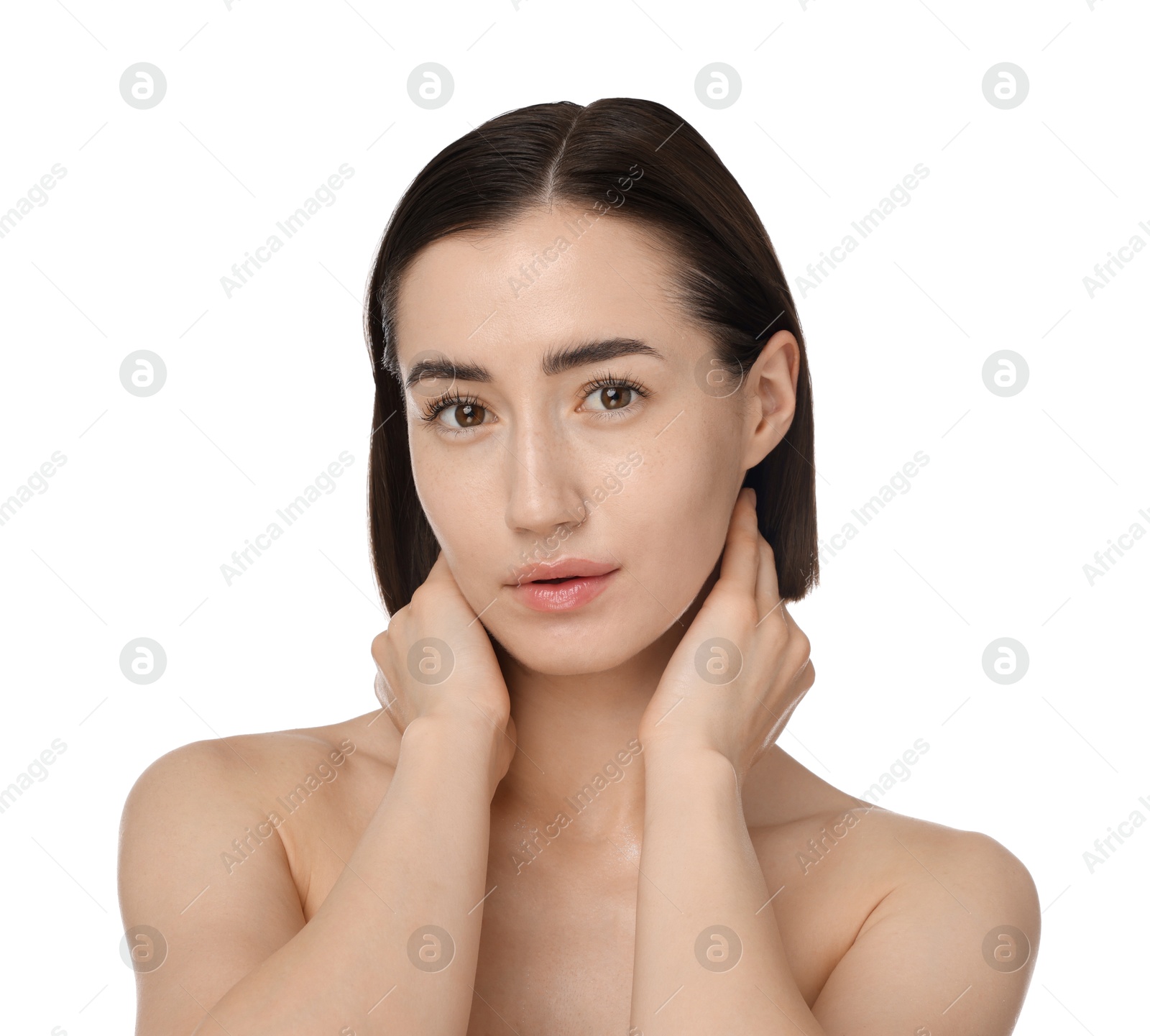Portrait of beautiful woman after spa treatment on white background, closeup Photo of Portrait of beautiful woman after spa treatment on white background, closeup