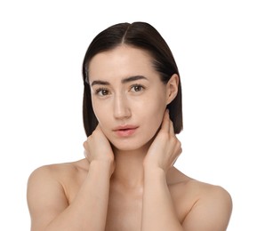 Photo of Portrait of beautiful woman after spa treatment on white background, closeup