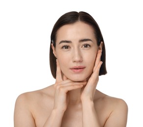Photo of Portrait of beautiful woman after spa treatment on white background, closeup
