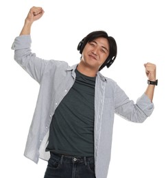 Photo of Handsome Asian man in headphones on white background