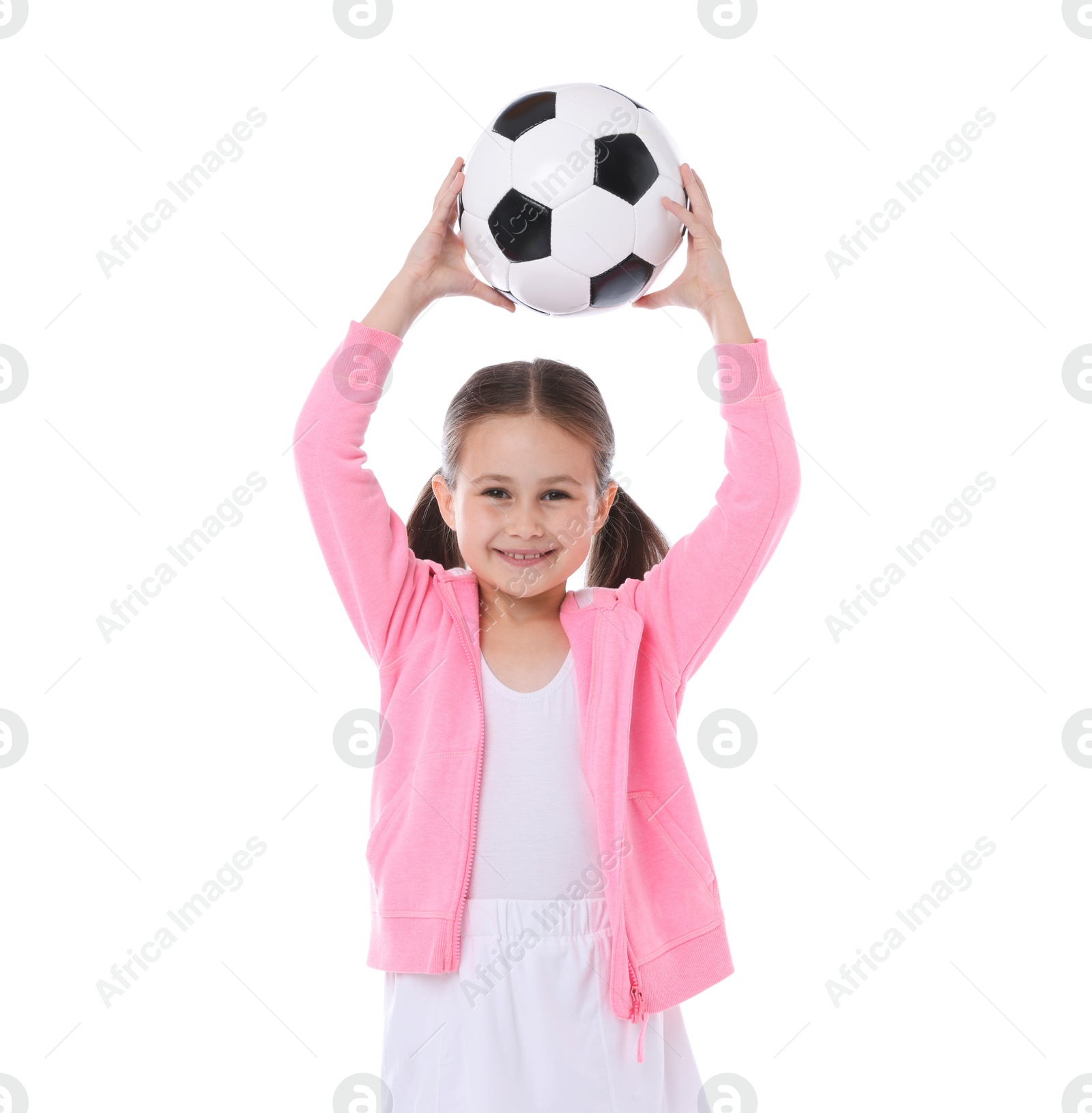 Little girl with soccer ball on white background Photo of Little girl with soccer ball on white background