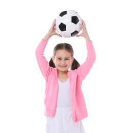Photo of Little girl with soccer ball on white background